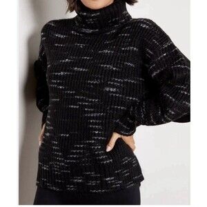 Varley Marlena Knit Dalmatian Knit Turtleneck Sweater Womens XL Black Wool Blend
